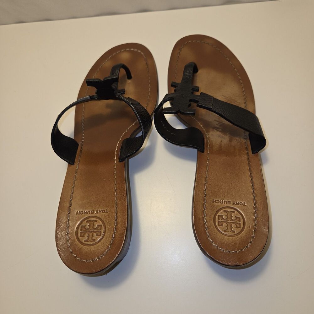 Tory Burch Moore 45mm Black Leather Thong Block Heel Sandals Womens Size 10 - Picture 7 of 9